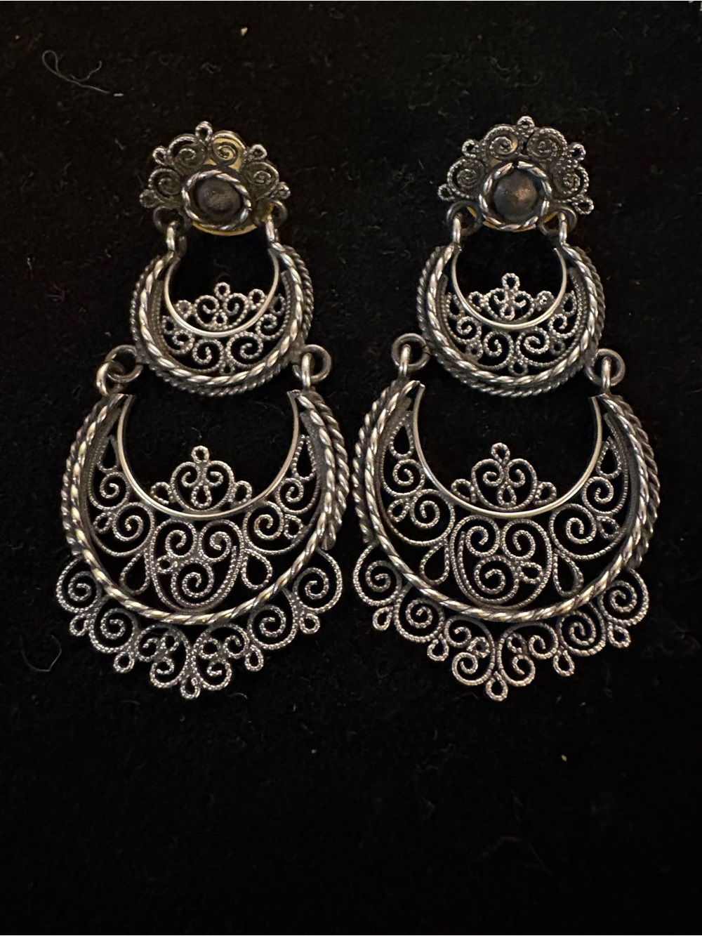 Boho Chic Silver Tone Filigree Rustic Double Drop Chandelier Statement Earrings - Picture 6 of 6
